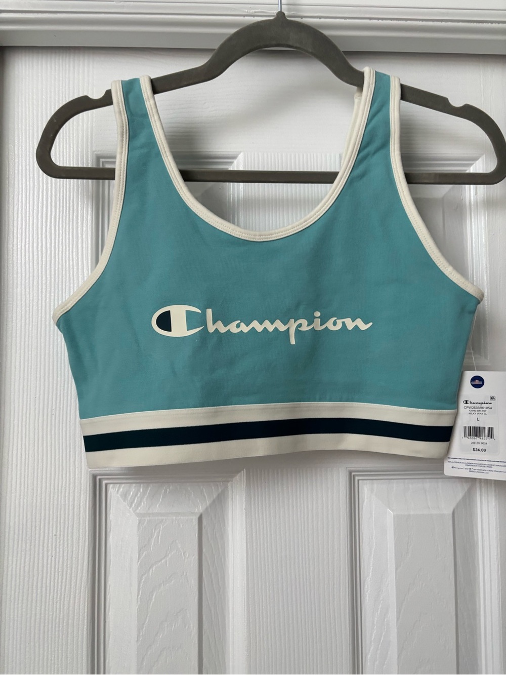 Champion Teal Crop Sports Bra with Cream Trim and Navy Stripes